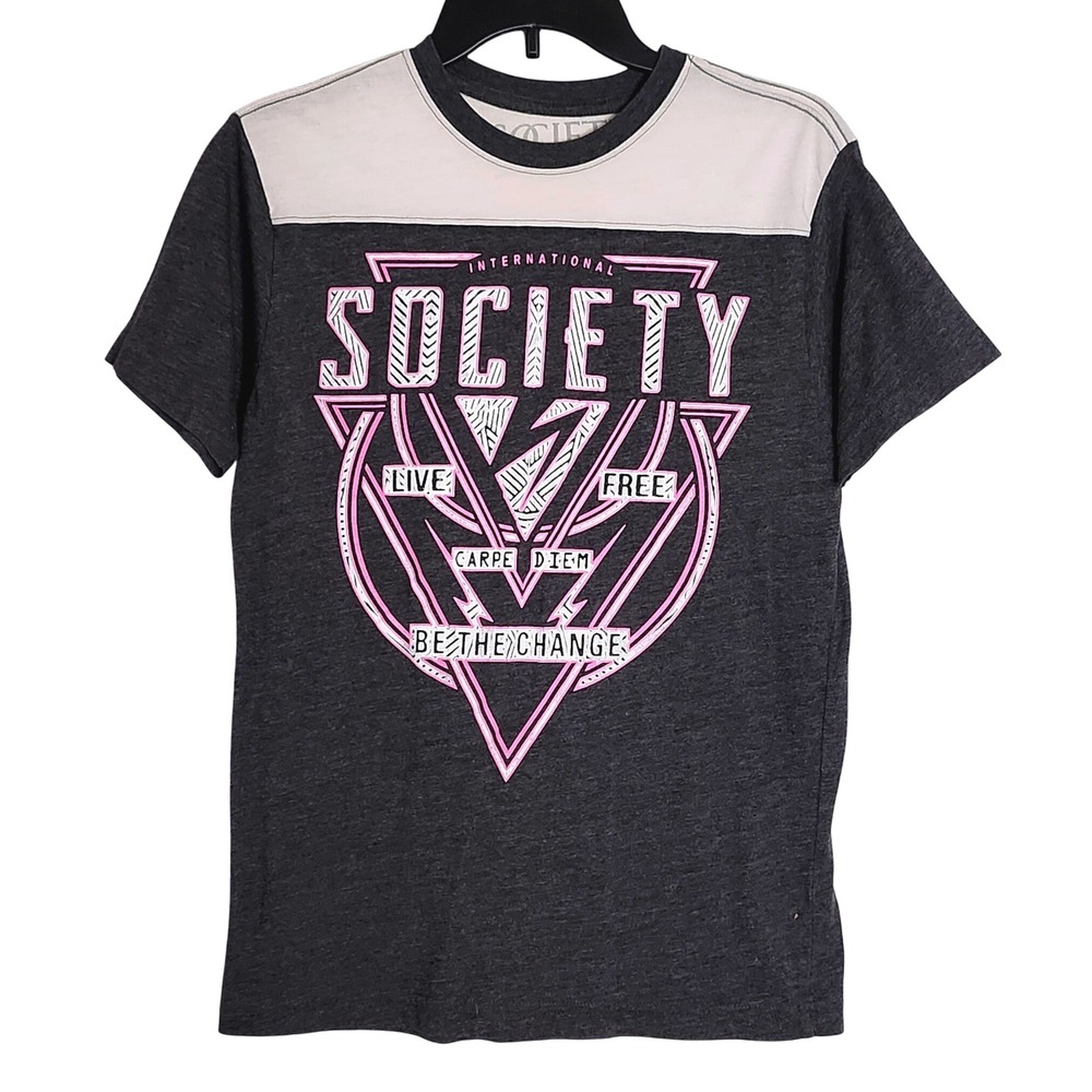 Society‎ International Graphic T-Shirt Womens Small Gray Pink Carpe Diem Top